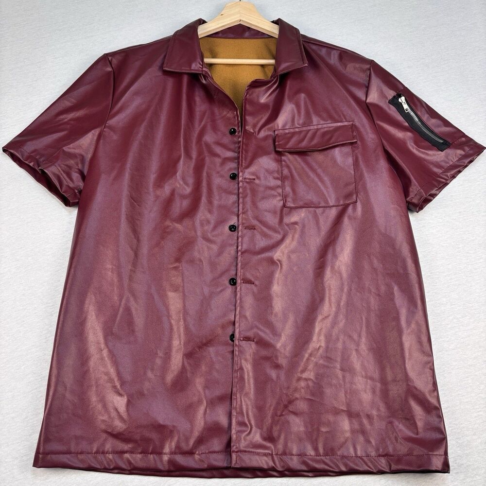 Manfinity Shirt XL Burgundy Faux Leather Zip Pocket Fleece Lined